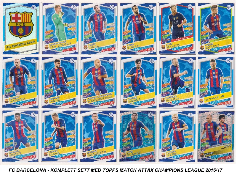 000. FC BARCELONA - KOMPLETT SETT MED TOPPS MATCH ATTAX CHAMPIONS LEAGUE 2016/17