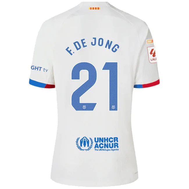 Nike Barcelona Frenkie De Jong Authentic Match Away Jersey 23/24 w/ LaLiga Patches (White/Royal Blue)