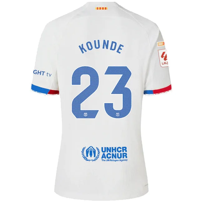 Nike Barcelona Kounde Authentic Match Away Jersey 23/24 w/ LaLiga Patches (White/Royal Blue)