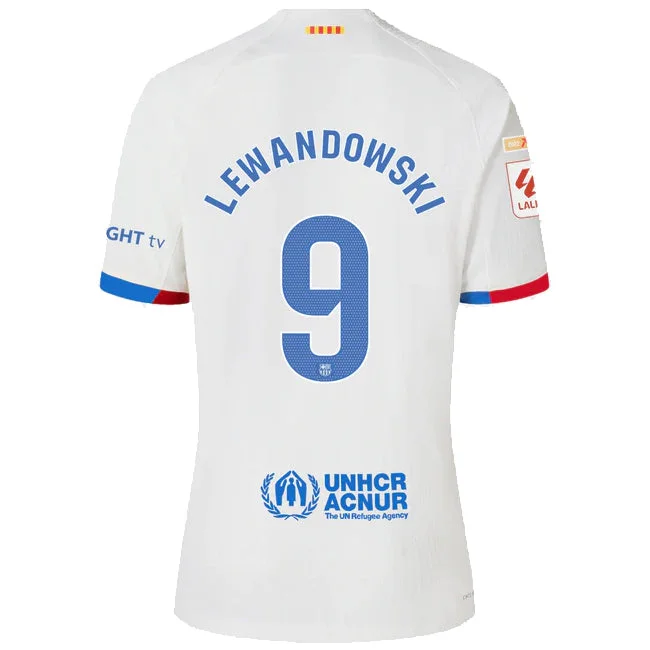 Nike Barcelona Lewandowski Authentic Match Away Jersey 23/24 w/ LaLiga Patches (White/Royal Blue)