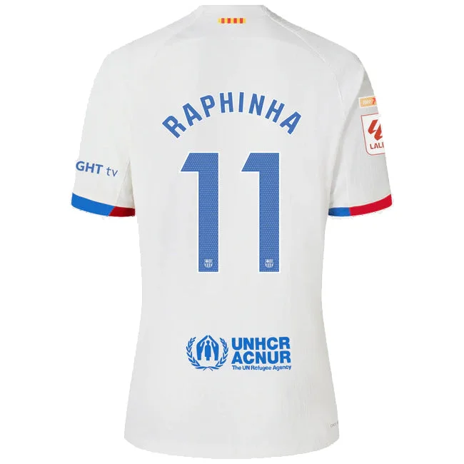 Nike Barcelona Raphinha Authentic Match Away Jersey 23/24 w/ LaLiga Patches (White/Royal Blue)