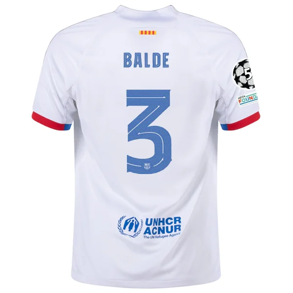 Nike Barcelona Alejandro Balde Away Jersey w/ Champions League Patches 23/24 (White/Royal Blue)