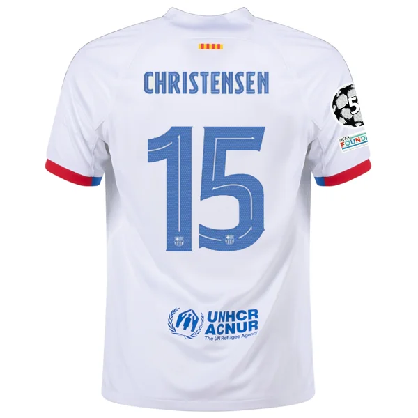 Nike Barcelona Andreas Christensen Away Jersey w/ Champions League Patches 23/24 (White/Royal Blue)