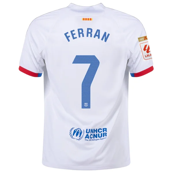 Nike Barcelona Ferran Torres Away Jersey w/ La Liga Champions Patches 23/24 (White/Royal Blue)