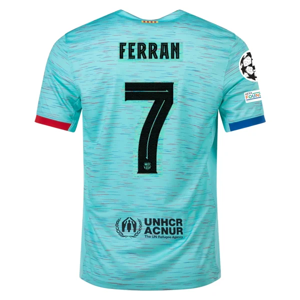 Nike Barcelona Ferran Torres Third Jersey w/ Champions League Patches 23/24 (Light Aqua/Royal Blue)