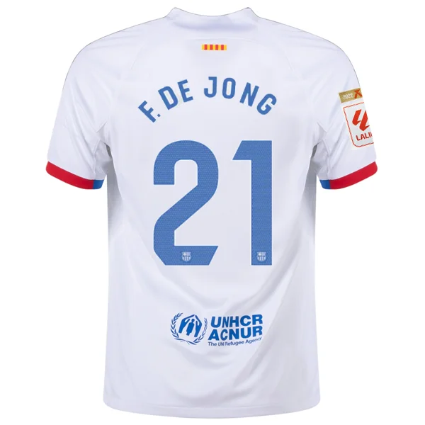 Nike Barcelona Frenkie de Jong Away Jersey w/ La Liga Champions Patches 23/24 (White/Royal Blue)