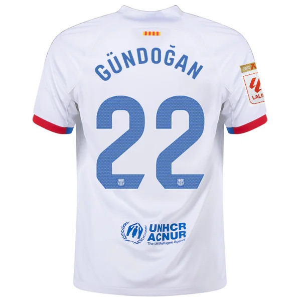 Nike Barcelona İlkay Gündoğan Away Jersey w/ La Liga Champions Patches 23/24 (White/Royal Blue)