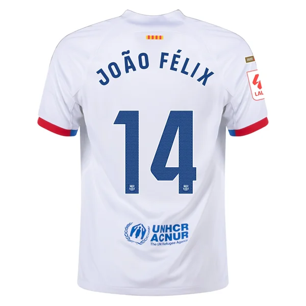 Nike Barcelona João Félix Away Jersey w/ La Liga Champions Patches 23/24 (White/Royal Blue)