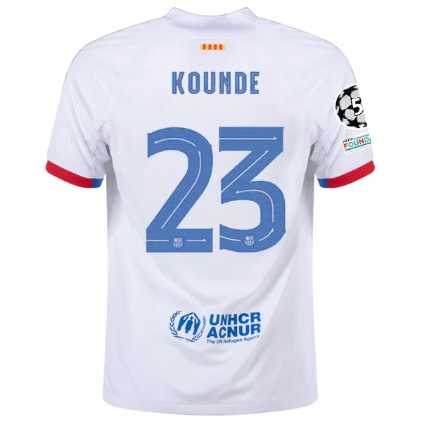 Nike Barcelona Jules Kounde Away Jersey w/ Champions League Patches 23/24 (White/Royal Blue)