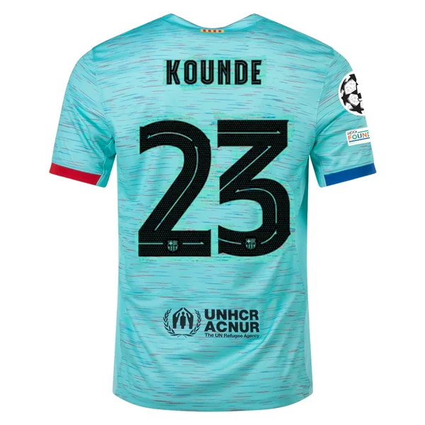 Nike Barcelona Jules Kounde Third Jersey w/ Champions League Patches 23/24 (Light Aqua/Royal Blue)