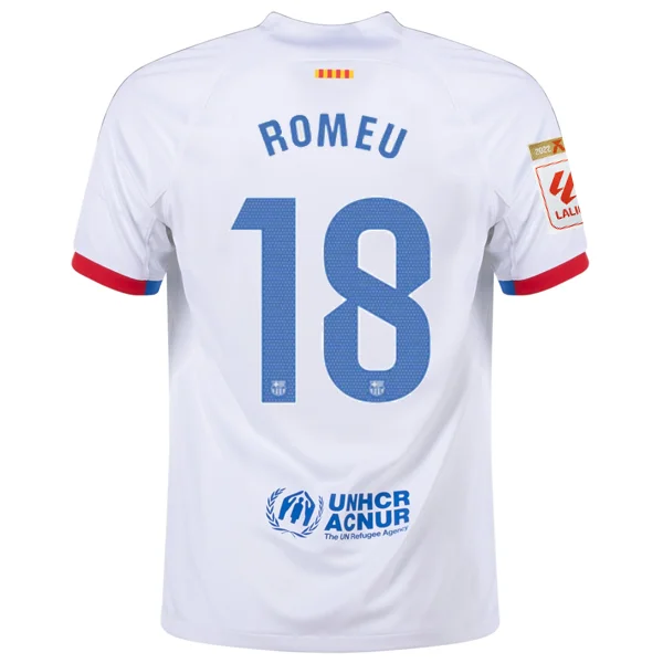 Nike Barcelona Oriol Romeu Away Jersey w/ La Liga Champions Patches 23/24 (White/Royal Blue)