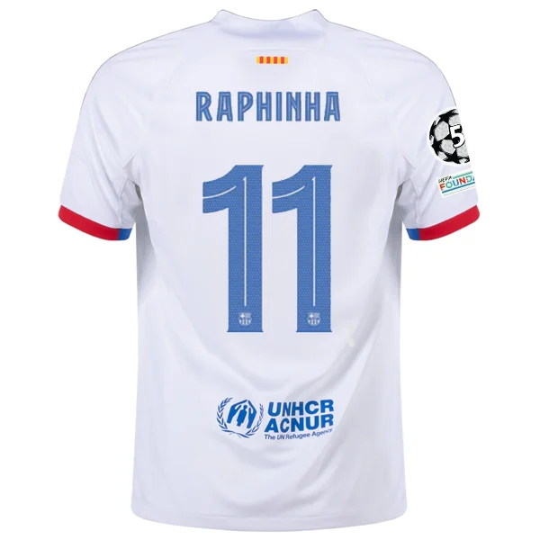 Nike Barcelona Raphinha Away Jersey w/ Champions League Patches 23/24 (White/Royal Blue)