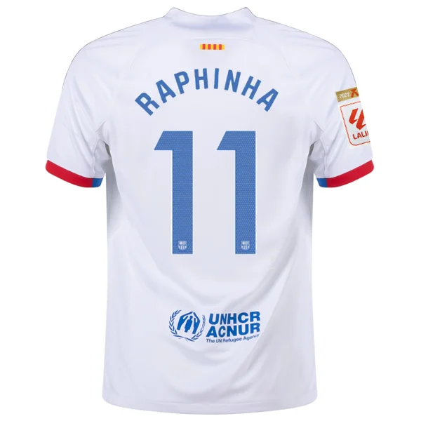 Nike Barcelona Raphinha Away Jersey w/ La Liga Champions Patches 23/24 (White/Royal Blue)