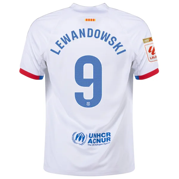 Nike Barcelona Robert Lewandowski Away Jersey w/ La Liga Champions Patches 23/24 (White/Royal Blue)