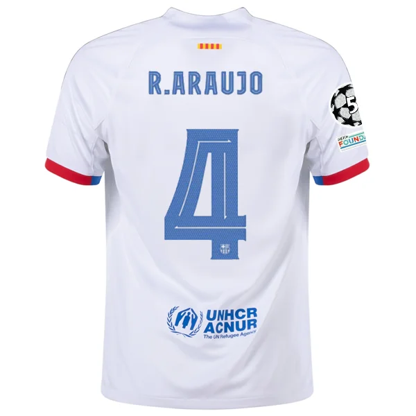 Nike Barcelona Ronald Araujo Away Jersey w/ Champions League Patches 23/24 (White/Royal Blue)