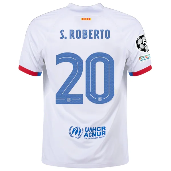 Nike Barcelona Sergi Roberto Away Jersey w/ Champions League Patches 23/24 (White/Royal Blue)