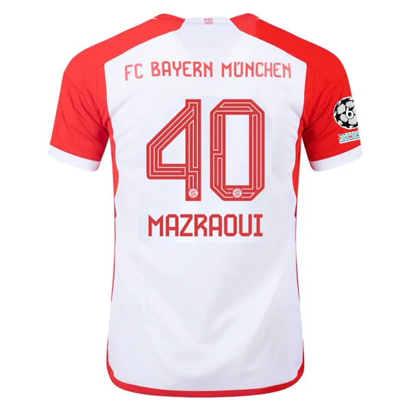 adidas Bayern Munich Noussair Mazraoui Home Jersey 23/24 w/ Champions League Patches (White/Red)